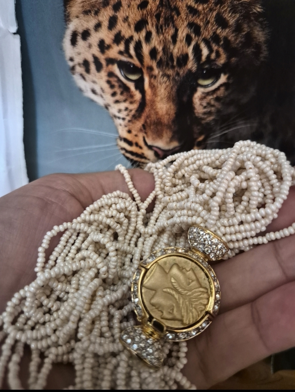 Vintage Cream Bead Multi-Strand Necklace with Gold Medallion